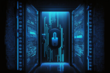 Blue data server hacking backdoor with locker neon cybersecurity