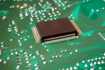 Close up of semiconductor chip on printed circuit board