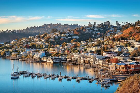 Waldo Point Harbor Photograph, Vibrant Sausalito Town, Charming Houseboats, San Francisco Bay, Generative AI