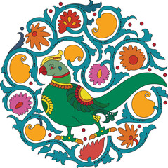 Kalamkari Indian traditional art on linen fabrics. peacock design on a different background. for textile printing, logo, wallpaper