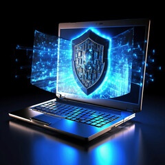 cyberuniverse, laptop with security shield, concept internet security, table, man with mask, view laptop