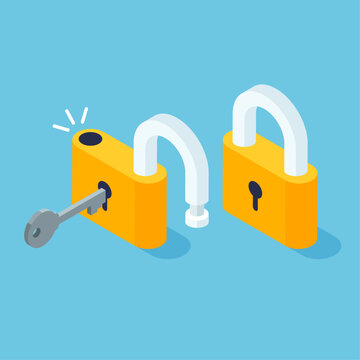 Isometric locked and unlocked lock. Open and closed padlock with key. Vector illustration in trendy 3d style isolated on blue background.