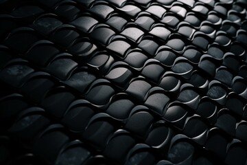 Naklejka na ściany i meble Black semigloss bricks stacked to form 3D block background with polished fish scale mosaic tiles. 3D render. Generative AI