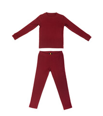 Burgundy children's knitted pajamas, thermal underwear, isolated on white background