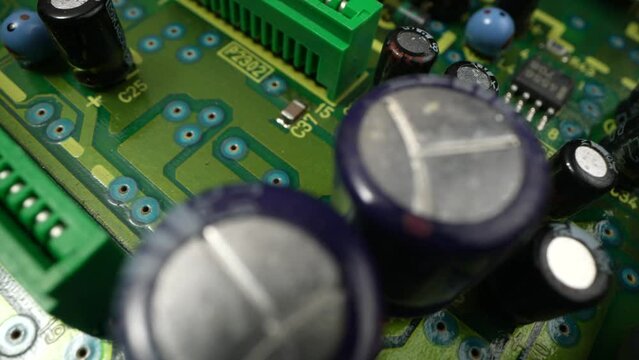 reen Printed Circuit Board, Computer Motherboard Components: Microchips, CPU Processor, Transistors, Semiconductors. Inside of Electronic Device, Parts of Supercomputer.