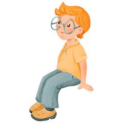 A calm, dreaming red-haired boy with glasses is sitting. Isolated watercolor illustration of a student. A teenager with a side view. For workbook, notepad, calendar, textbook, printing, sticker, ad