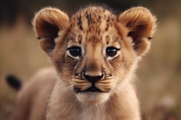 Fototapeta premium Little cute lion cub, close-up. Generative AI