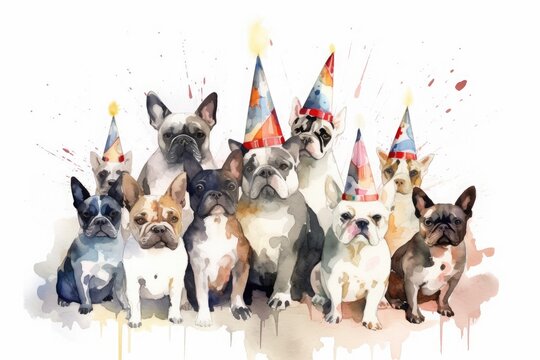 Watercolor illustration of many dogs in party hats celebrating a birthday. Generative AI