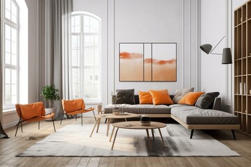Fashionable living room with empty white wall, grey and orange design. Generative AI
