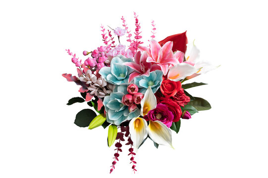 Set fo Lilies and roses with leaves isolated on white background . Beautiful bouquet. creative concept spring flowers,PNG	
