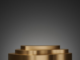 Golden 3d empty pedestal. Presentation commercial product display stand, showcase background, dark mockup scene. 3d rendering