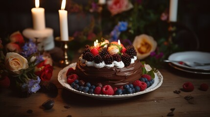 chocolate cake with candles. Generative AI