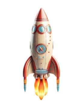 Space rocket flying with flames isolated on white, transparent background, PNG, generative ai