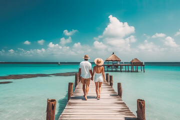 Cancun travel destination. Tourist couple on sunny sandy beach with beautiful landscape. Generative AI.