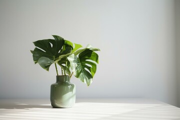 Split-leaf Philodendron in a vase on a white table with an empty wall background. Generative AI