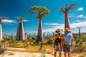 Madagascar travel destination. Tourist couple in sunny nature with beautiful landscape views. Generative AI. - obrazy, fototapety, plakaty
