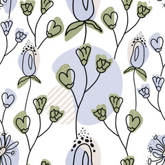 Stylish seamless handmade pattern. Modern background in a flat style. Flowers in doodle styles. For printing on fabric, wallpaper, paper, curtains, wrapping paper.