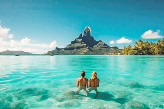 Bora bora travel destination. Tourist couple on sunny sandy beach with beautiful landscape. Generative AI.