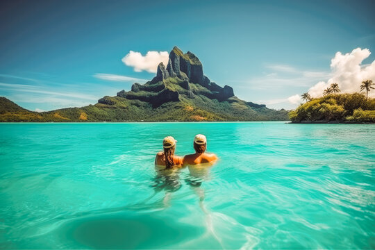 Bora bora travel destination. Tourist couple on sunny sandy beach with beautiful landscape. Generative AI.
