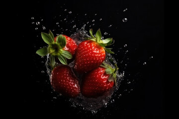 Fresh strawberries and splashes of water on a black background. AI generative.