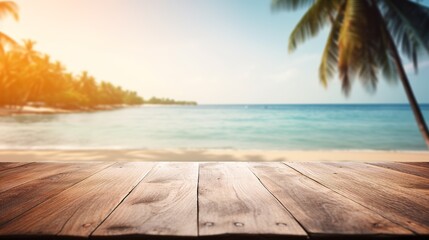 Fototapeta premium Empty wooden table top product display showcase stage. Tropical summer, palm trees, white sand and blue ocean in the background. Generative AI 