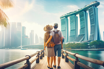 Singapore travel destination. Tourist couple in sunny city beautiful urban landscape view. Generative AI.