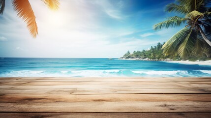 Empty wooden table top product display showcase stage. Tropical summer, palm trees, white sand and blue ocean in the background. Generative AI	
