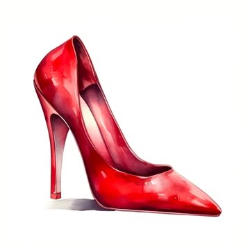 Watercolor illustration of a red female shoe with high heel isolated on white background. Generative AI.