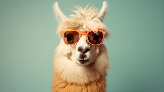 Portrait lustiges Lama tr&auml;gt eine Sonnenbrille. Generative AI