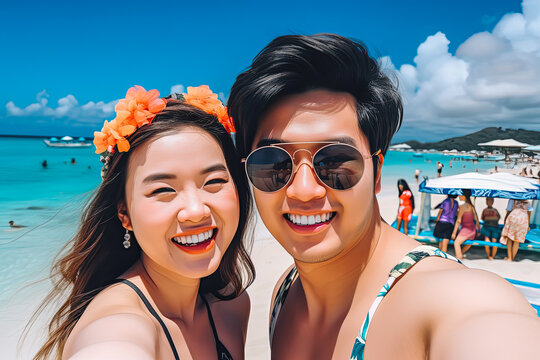 Boracay philippines travel destination. Tourist couple on sunny sandy beach with beautiful landscape. Generative AI.
