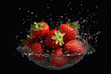 Juicy strawberries and splashes of water on a black background. AI generative.