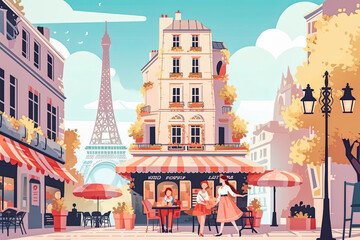 Obraz premium Paris travel destination. Tourist couple in sunny city beautiful urban landscape view. Generative AI.