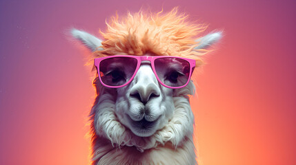 Portrait lustiges Lama trägt eine Sonnenbrille. Generative AI - obrazy, fototapety, plakaty