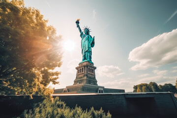 New Your statue of liberty travel destination. Tourist couple in sunny city beautiful urban landscape view. Generative AI.