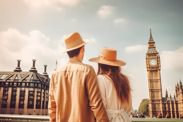Obraz premium London travel destination. Tourist couple in sunny city beautiful urban landscape view. Generative AI.