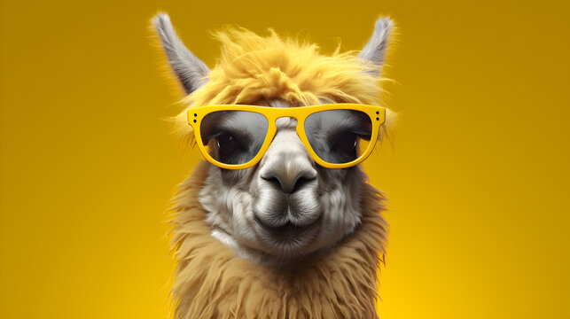Portrait lustiges Lama tr&auml;gt eine Sonnenbrille. Generative AI