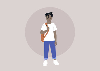 A full body portrait of a school kid carrying a backpack on one strap