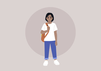 A full body portrait of a school kid carrying a backpack on one strap