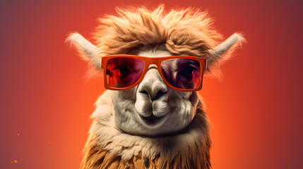 Portrait lustiges Lama trägt eine Sonnenbrille. Generative AI