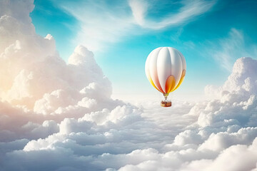 Fototapeta premium White Hot Air Balloon Above White Clouds. AI generative.
