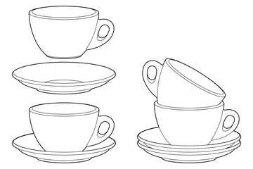 Coloring page. Tea couple. Cup and saucer. Black line. Hand drawing picture.