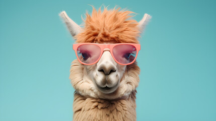 Obraz premium Portrait lustiges Lama trägt eine Sonnenbrille. Generative AI