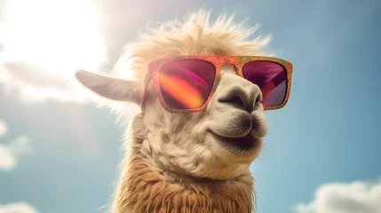 Foto op Canvas Portrait lustiges Lama trägt eine Sonnenbrille. Generative AI © elekksmedia