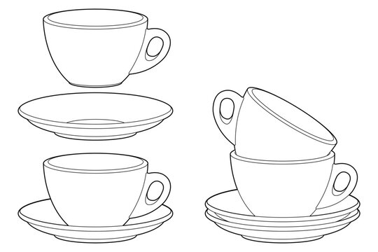 Coloring page. Tea couple. Cup and saucer. Black line. Hand drawing picture.