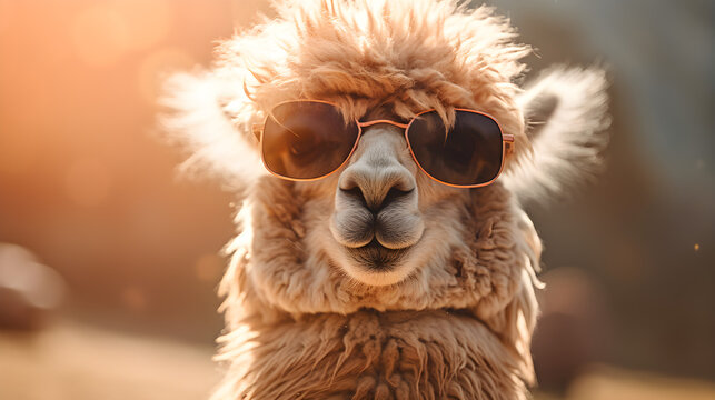 Portrait lustiges Lama tr&auml;gt eine Sonnenbrille. Generative AI