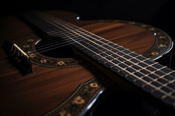 Obraz na płótnie Canvas Acoustic guitar close-up on black background. Generative AI
