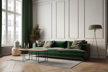 A modern living room mock-up with a green couch, white cushions, and empty wall interior design. 3D rendering in Scandinavian style. Generative AI