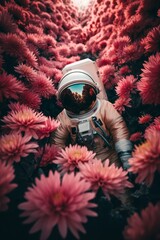 Astronaut lying among pink flowers on an alien planet, Generative AI