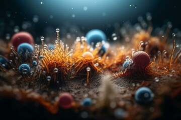 Picture of tiny microbes - bacteria and viruses. Generative AI