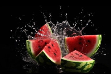 Fresh watermelon slices and splashes of water on a black background. AI generative.